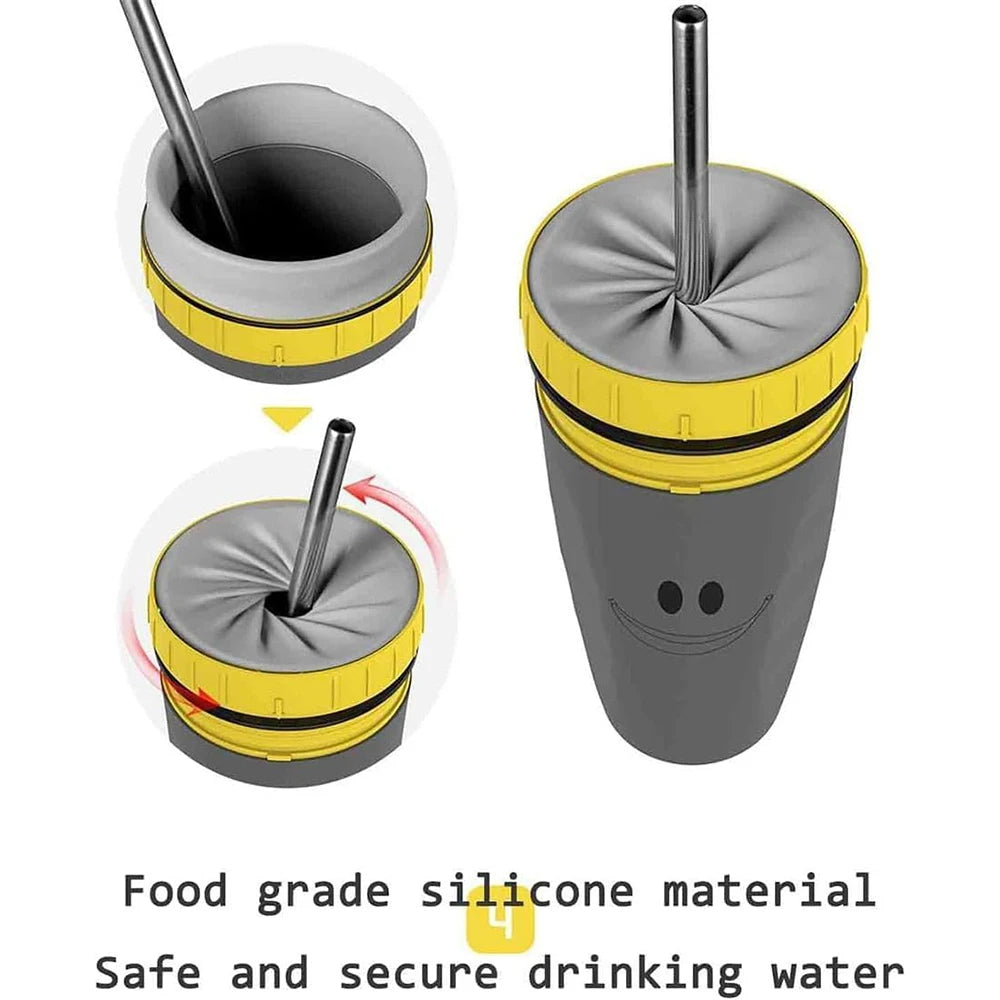 Eco-friendly grey Coffee Straw Twistable Cup, having a shade of yellow around it's top with built-in twistable straw for convenient, sustainable sipping on-the-go