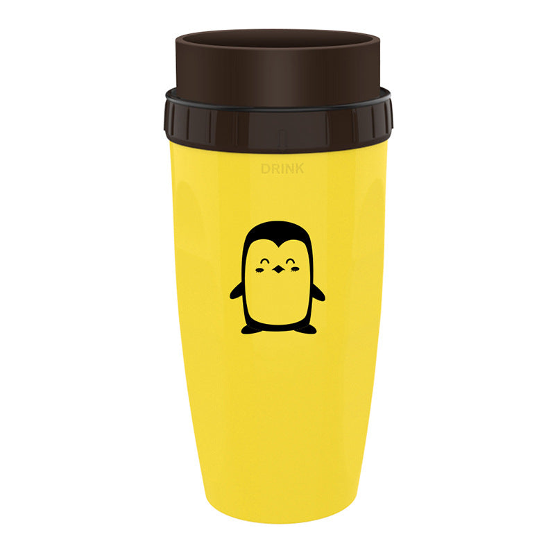 Stylishly yellow Coffee Straw Twistable Cup, having a penguin and a shade of brown around it's top with built-in twistable straw for convenient, sustainable sipping on-the-go