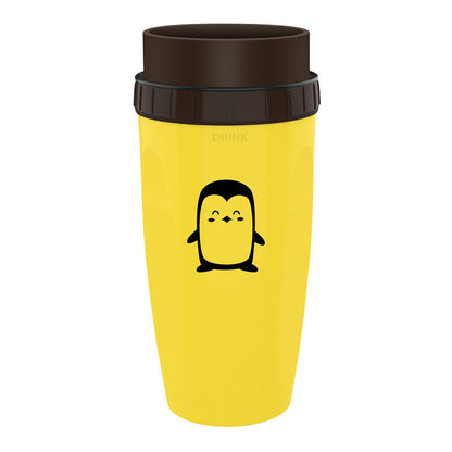 Stylishly yellow Coffee Straw Twistable Cup, having a penguin and a shade of brown around it's top with built-in twistable straw for convenient, sustainable sipping on-the-go