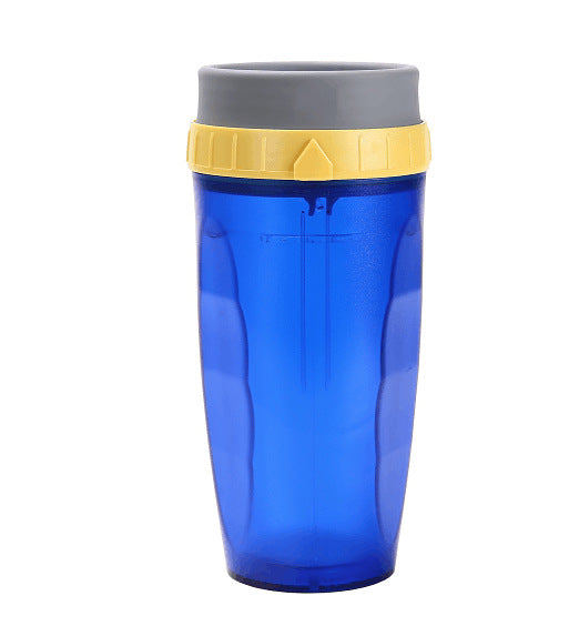 Stylishly blue Coffee Straw Twistable Cup, having a shade of yellow and grey around it's top with built-in twistable straw for convenient, sustainable sipping on-the-go