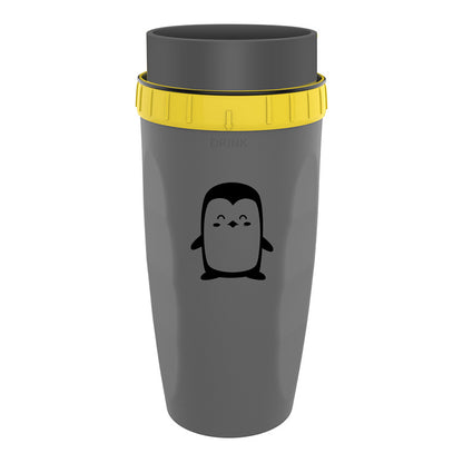 Stylishly grey Coffee Straw Twistable Cup, having a penguin and a shade of yellown around it's top with built-in twistable straw for convenient, sustainable sipping on-the-go