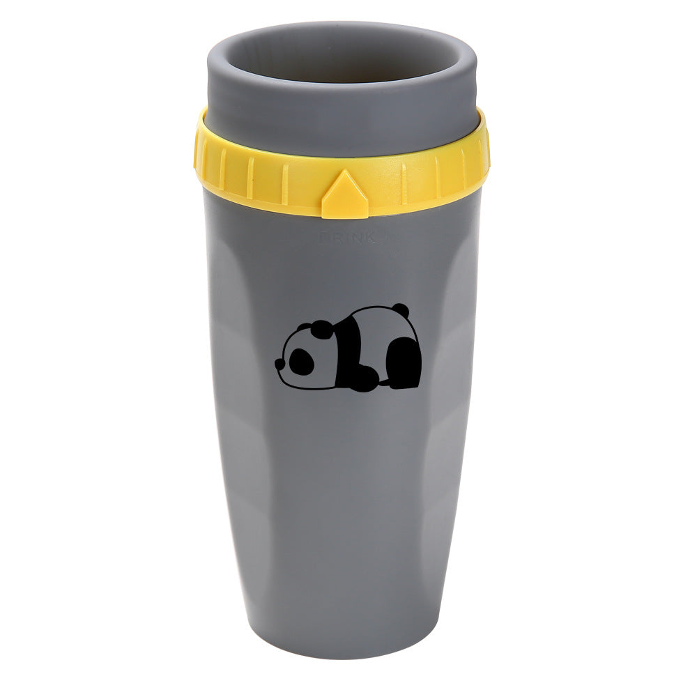 Stylishly grey Coffee Straw Twistable Cup, having a panda and a shade of yellow around it's top with built-in twistable straw for convenient, sustainable sipping on-the-go