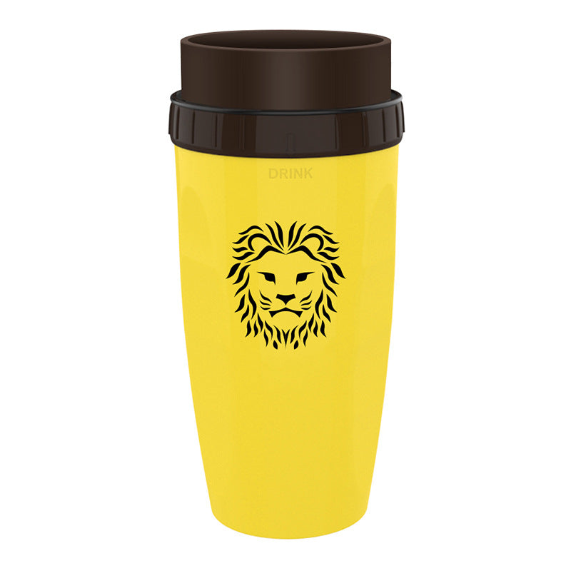 Stylishly yellow Coffee Straw Twistable Cup, having a lion head and a shade of brown around it's top with built-in twistable straw for convenient, sustainable sipping on-the-go