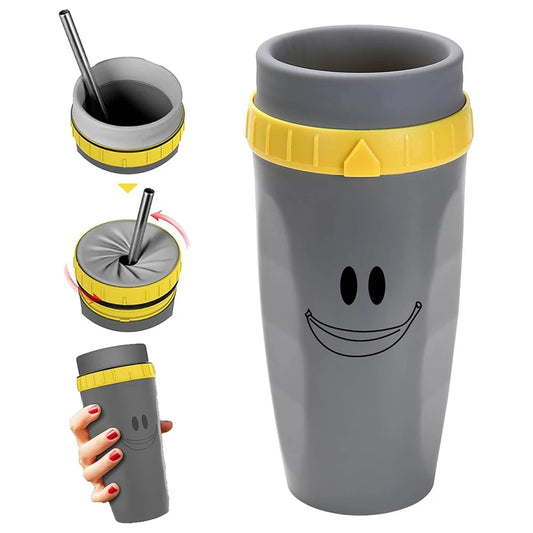 Eco-friendly grey Coffee Straw Twistable Cup, having a shade of yellow around it's top with built-in twistable straw for convenient, sustainable sipping on-the-go