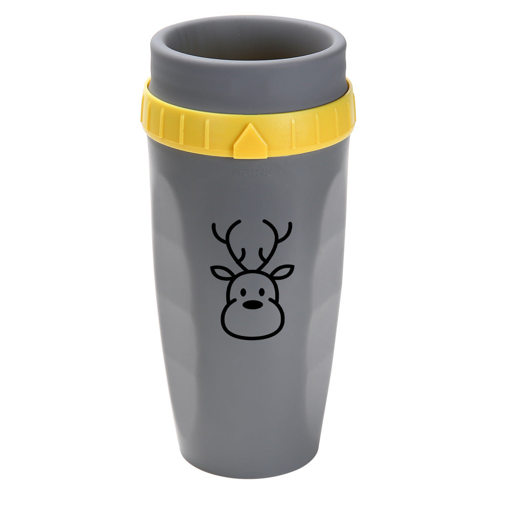 Stylishly grey Coffee Straw Twistable Cup, having a moose and a shade of yellown around it's top with built-in twistable straw for convenient, sustainable sipping on-the-go