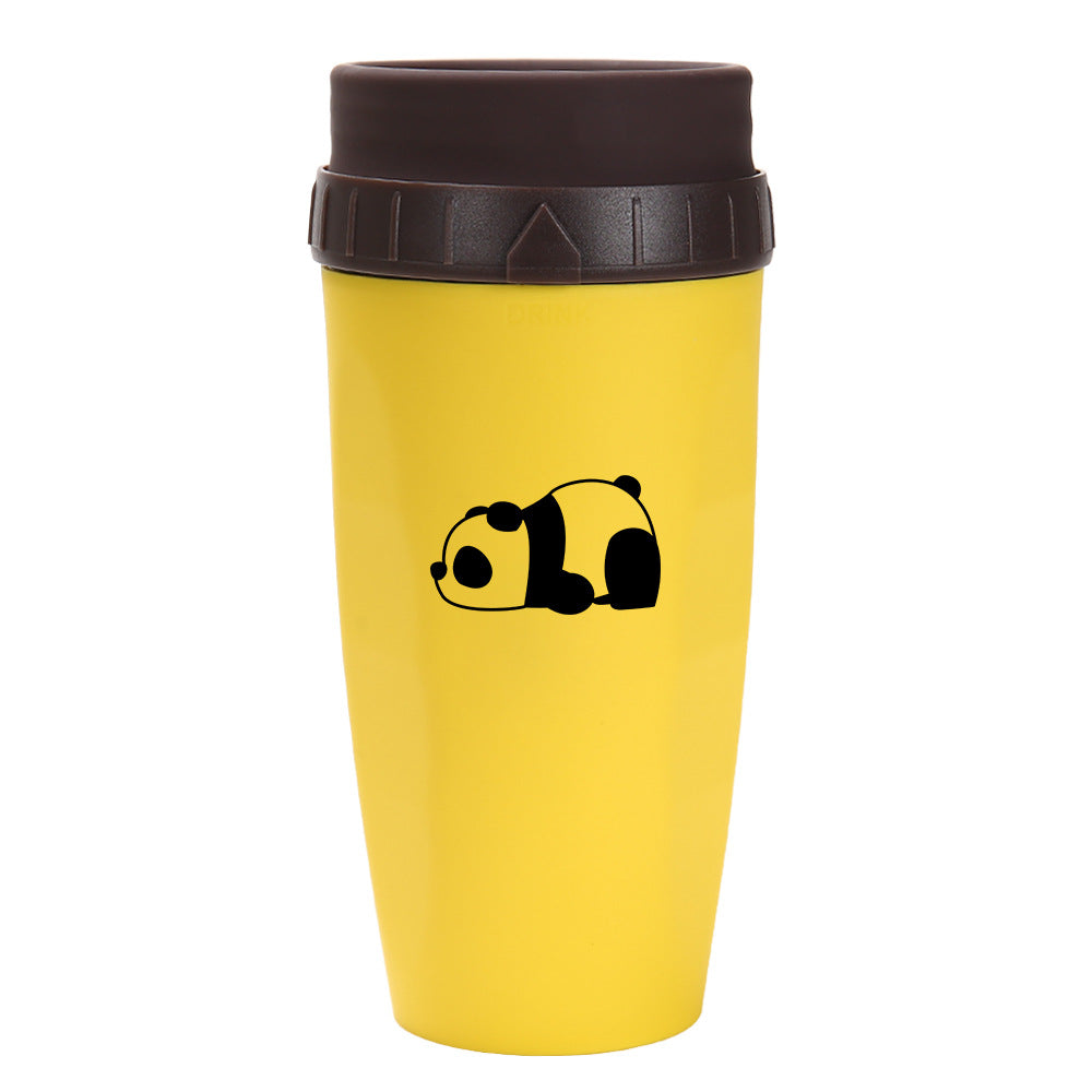 Stylishly yellow Coffee Straw Twistable Cup, having a panda and a shade of brown around it's top with built-in twistable straw for convenient, sustainable sipping on-the-go