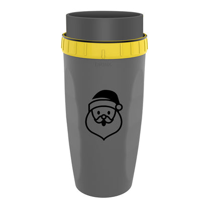 Stylishly grey Coffee Straw Twistable Cup, having a Santa's head and a shade of yellown around it's top with built-in twistable straw for convenient, sustainable sipping on-the-go