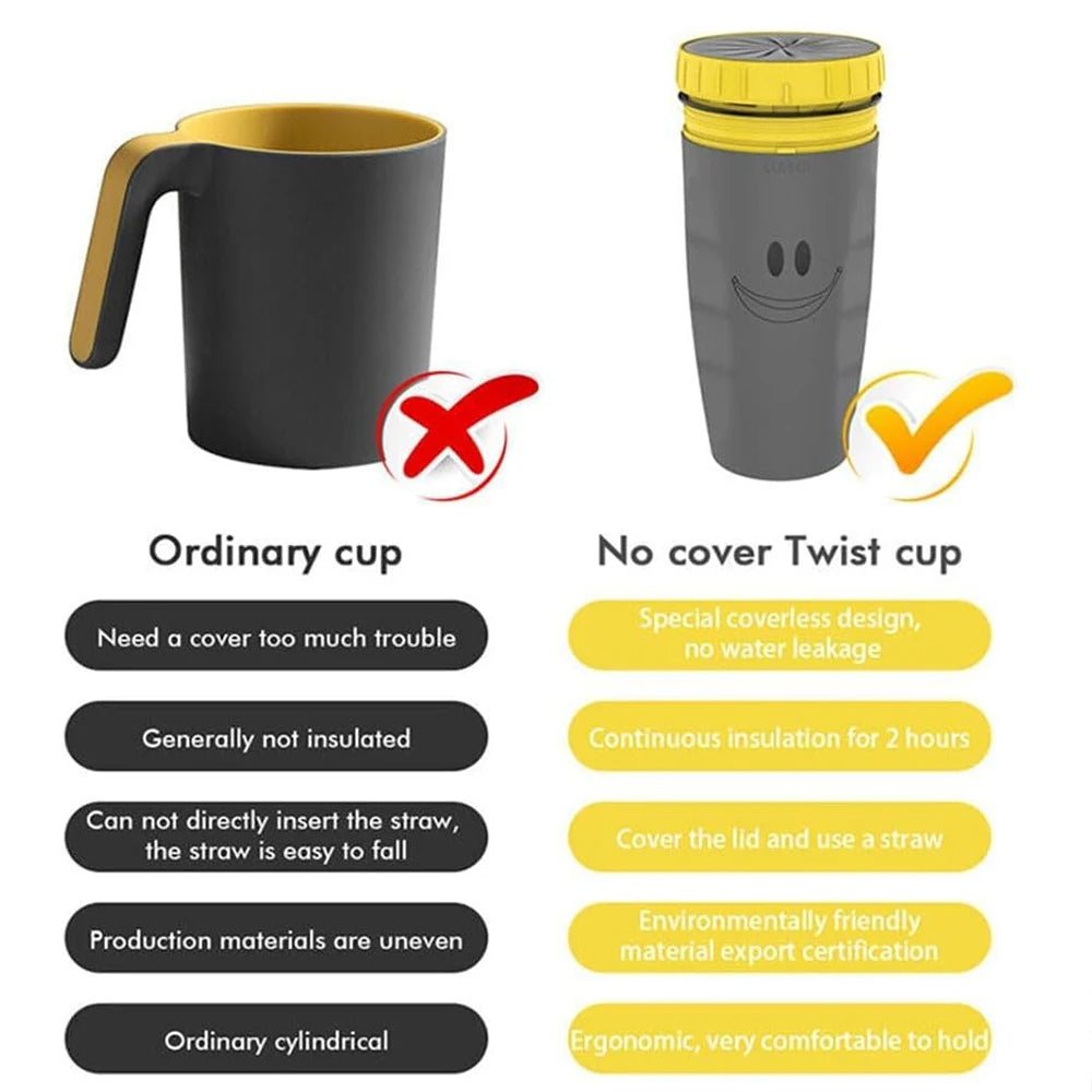 Eco-friendly grey Coffee Straw Twistable Cup, having a shade of yellow around it's top with built-in twistable straw for convenient, sustainable sipping on-the-go